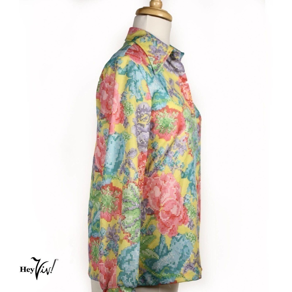 Vintage 70s Shirt Rainbow Colored Flower Long Sleeve Button Up Size 14 - Hey Viv - Picture 3 of 6